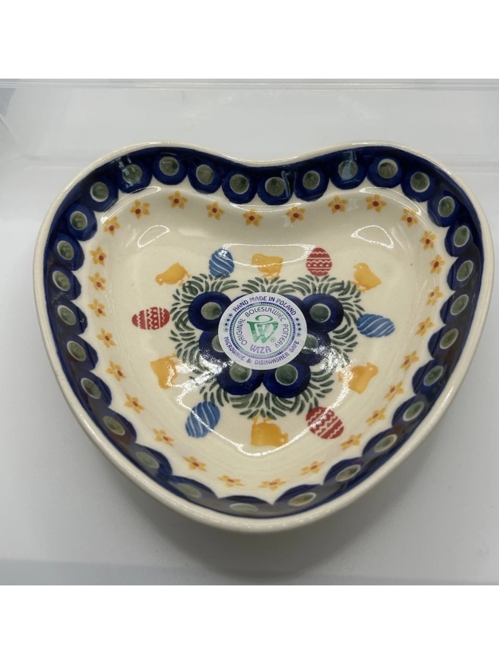 Heart Serving Bowl in Blue and Cream - Polish Pottery- Easter eggs design